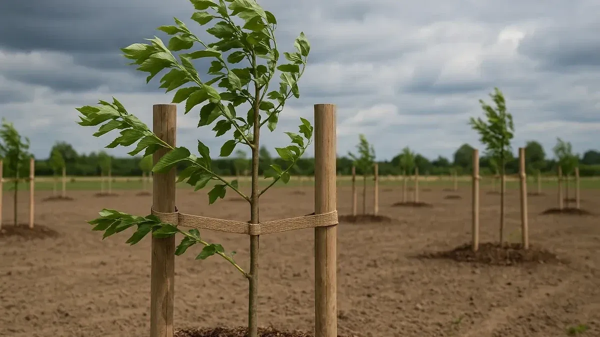 Come fissare i tutori di un giovane albero prima delle giornate ventose